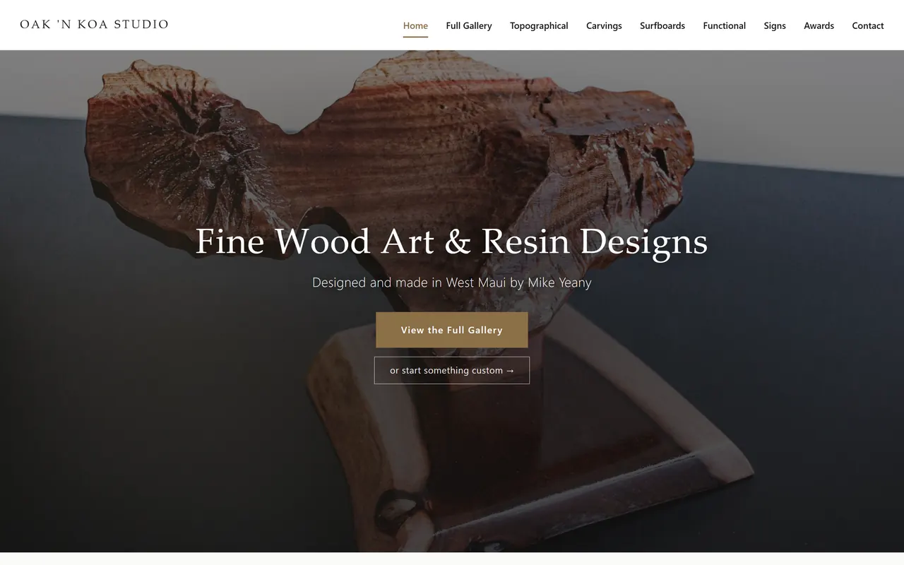 The Oak ’n Koa Studio website on a laptop
